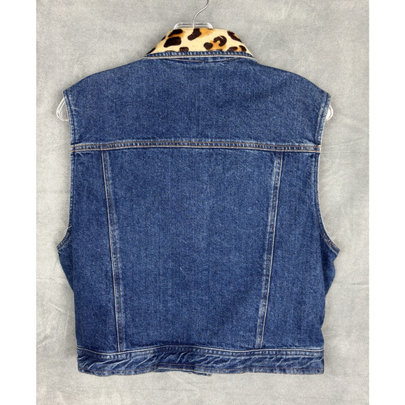 Vintage Y2K Denim & Leather Vest XL Animal Print Leopard Western Cowboy Festival - Picture 2 of 12
